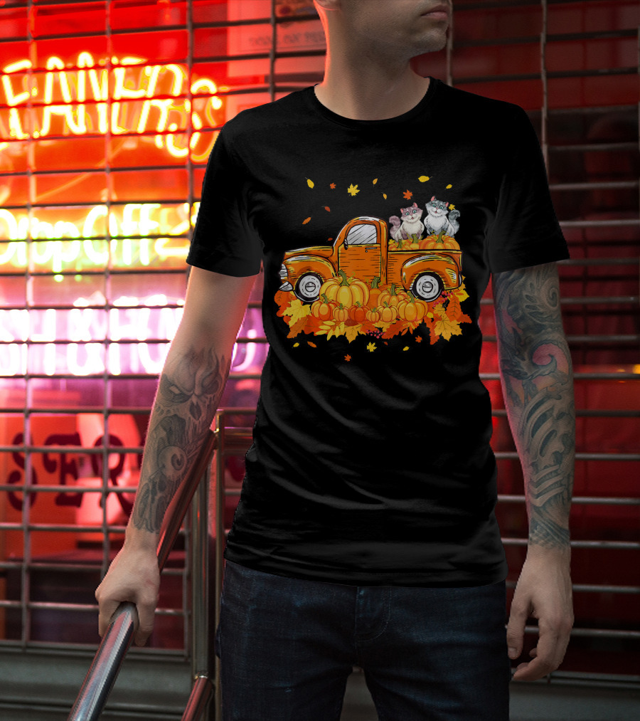 Cat Pumpkin Autumn Truck With Cats And Pumpkins T-Shirt