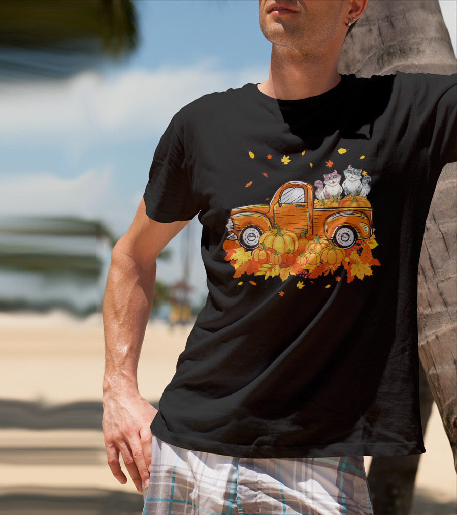 Cat Pumpkin Autumn Truck With Cats And Pumpkins T-Shirt