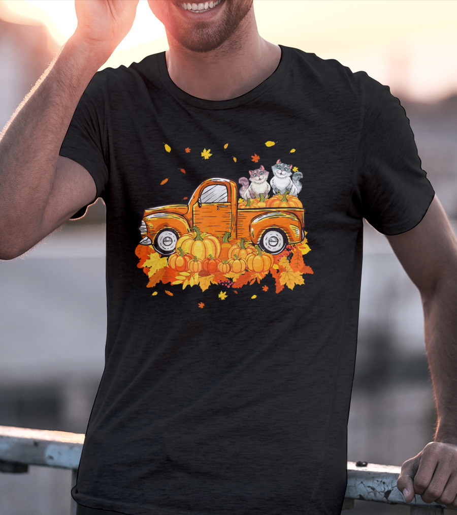 Cat Pumpkin Autumn Truck With Cats And Pumpkins T-Shirt
