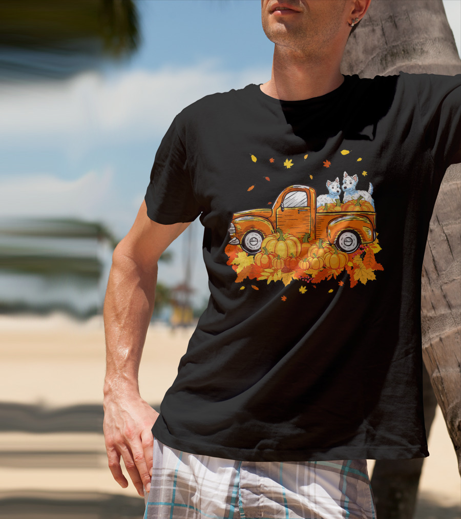 Westie Dogs In Pumpkin Truck With Fall Leaves Halloween T-Shirt
