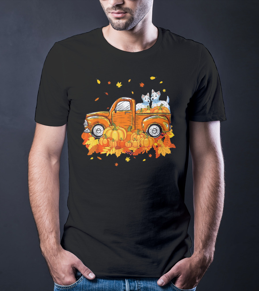 Westie Dogs In Pumpkin Truck With Fall Leaves Halloween T-Shirt