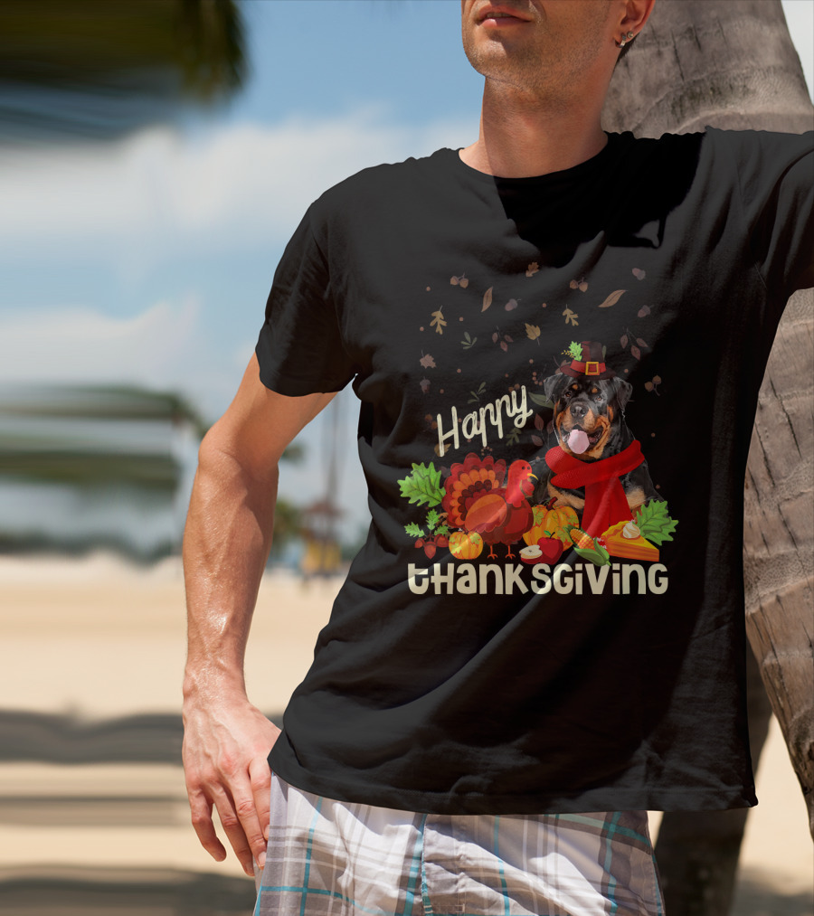 Happy Thanksgiving Pilgrim Rottweiler Turkey Feast With Autumn Leaves And Fruit T-Shirt