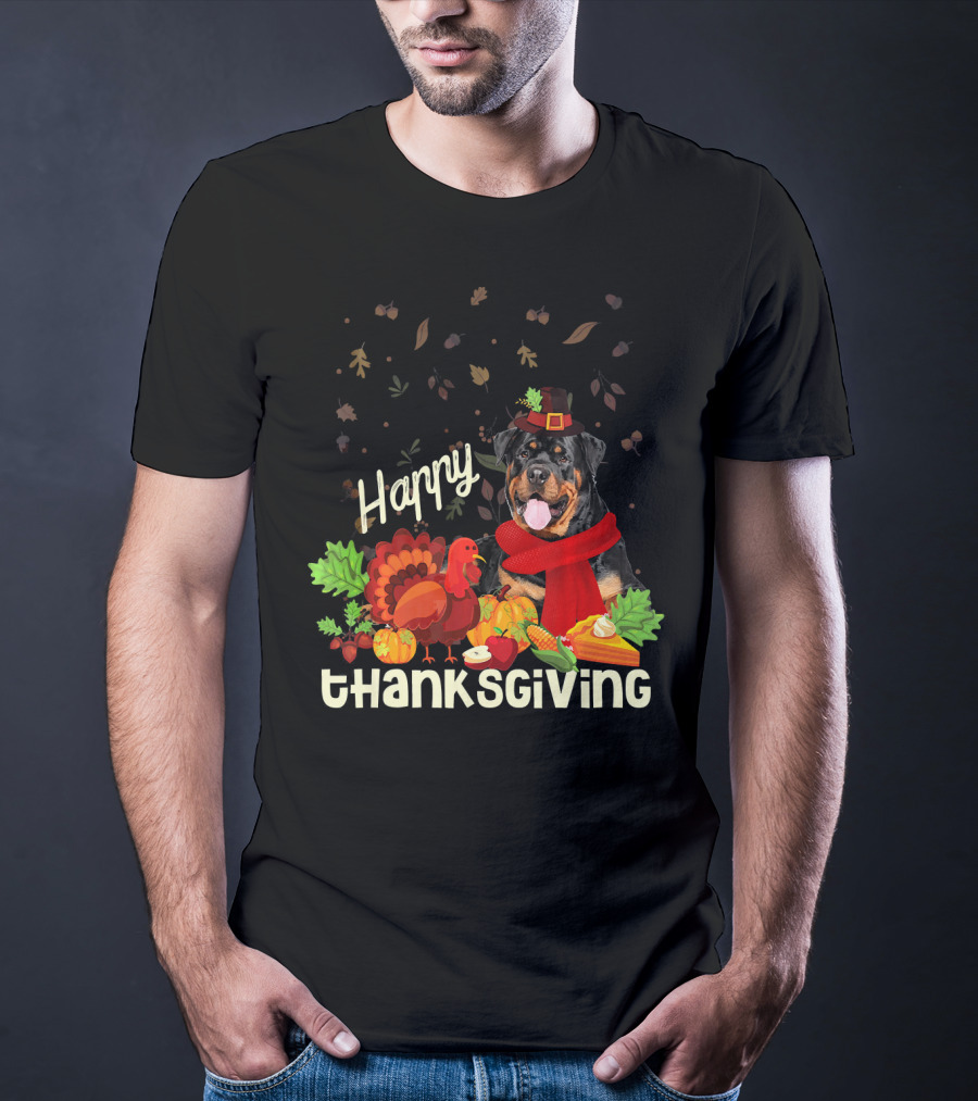 Happy Thanksgiving Pilgrim Rottweiler Turkey Feast With Autumn Leaves And Fruit T-Shirt