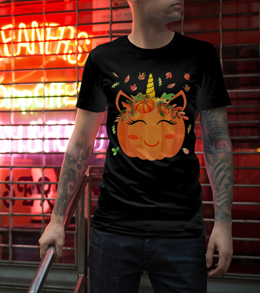 Cute Unicorn Pumpkin With Autumn Leaves And Horn T-Shirt