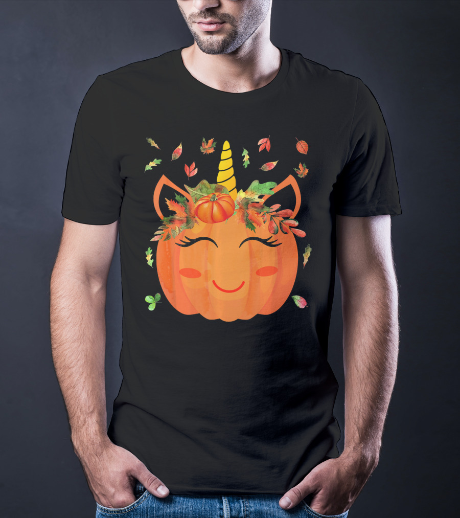 Cute Unicorn Pumpkin With Autumn Leaves And Horn T-Shirt