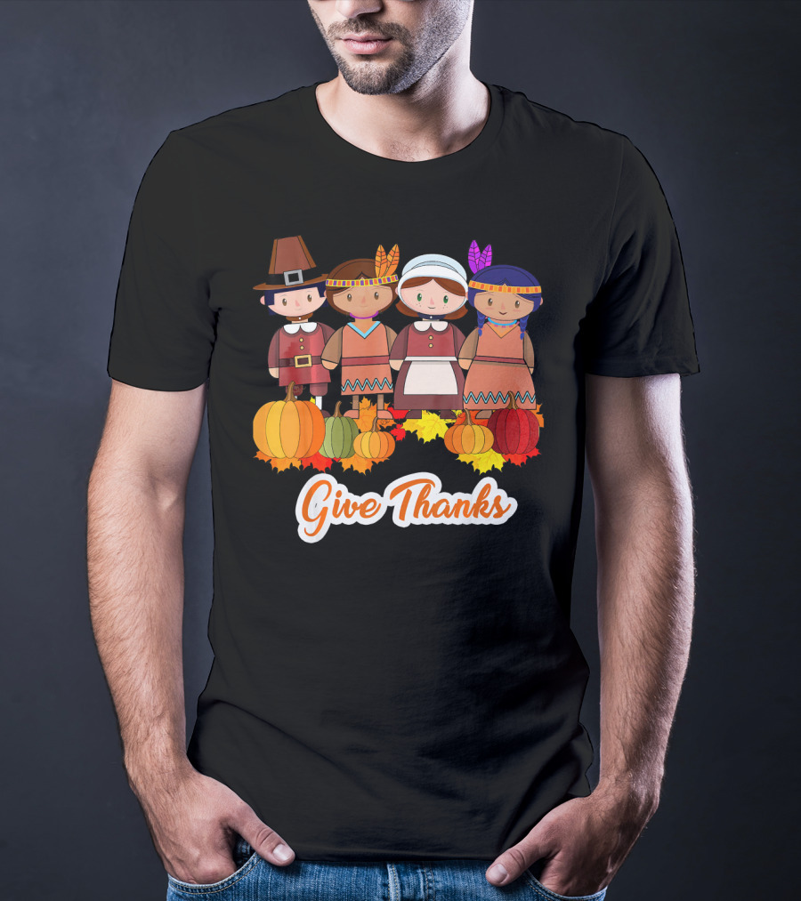 Give Thanks Thanksgiving Pilgrim And Native American With Pumpkins T-Shirt
