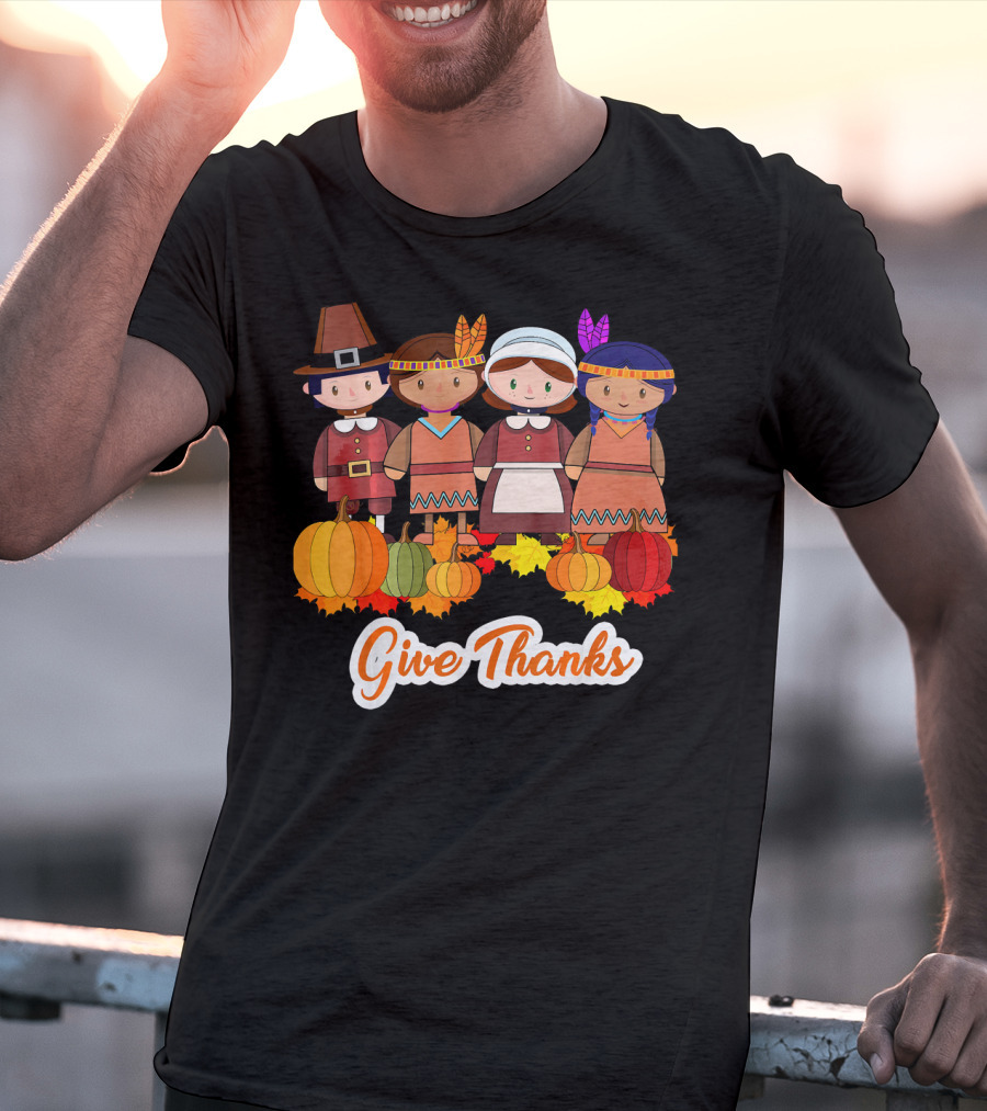 Give Thanks Thanksgiving Pilgrim And Native American With Pumpkins T-Shirt