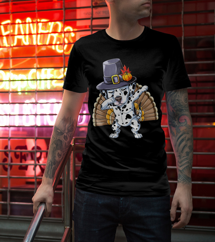 Thanksgiving Dabbing Dalmatian Pilgrim Hat Turkey Tail T-Shirt