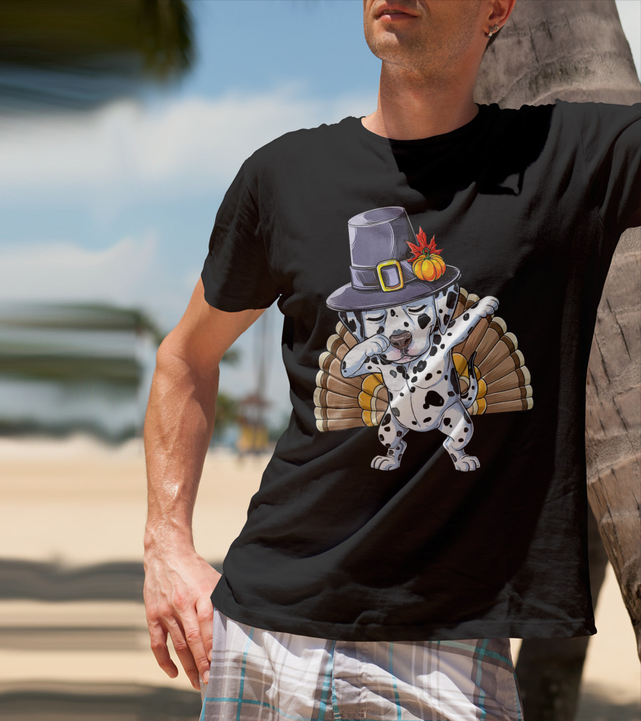Thanksgiving Dabbing Dalmatian Pilgrim Hat Turkey Tail T-Shirt