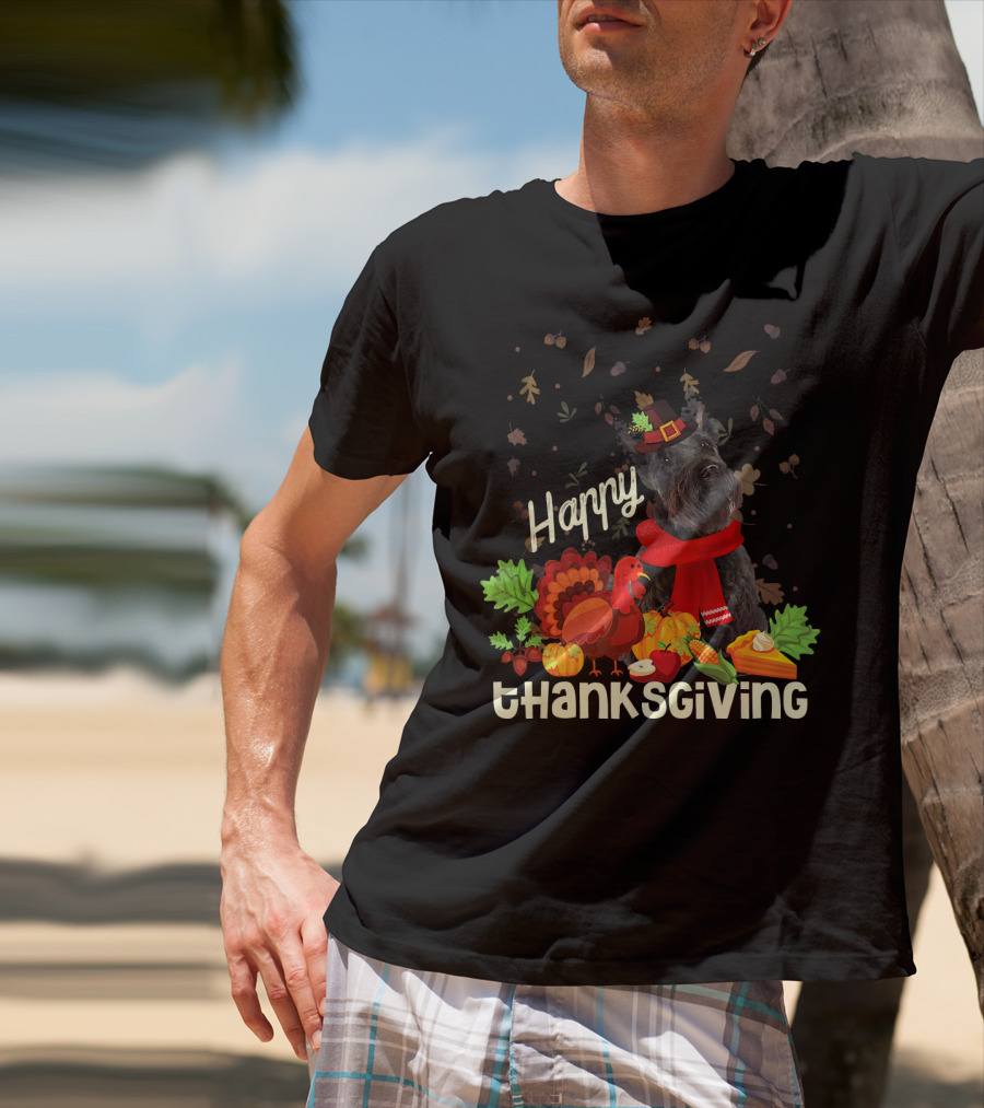 Happy Thanksgiving Pilgrim Scottish Terrier With Turkey And Fall Leaves T-Shirt