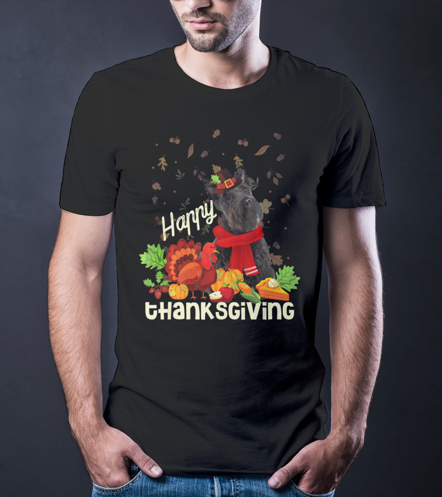 Happy Thanksgiving Pilgrim Scottish Terrier With Turkey And Fall Leaves T-Shirt