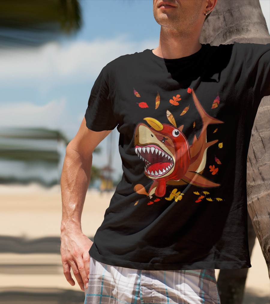 Thanksgiving Shark Doo Doo Doo Turkey Costume With Fall Leaves T-Shirt