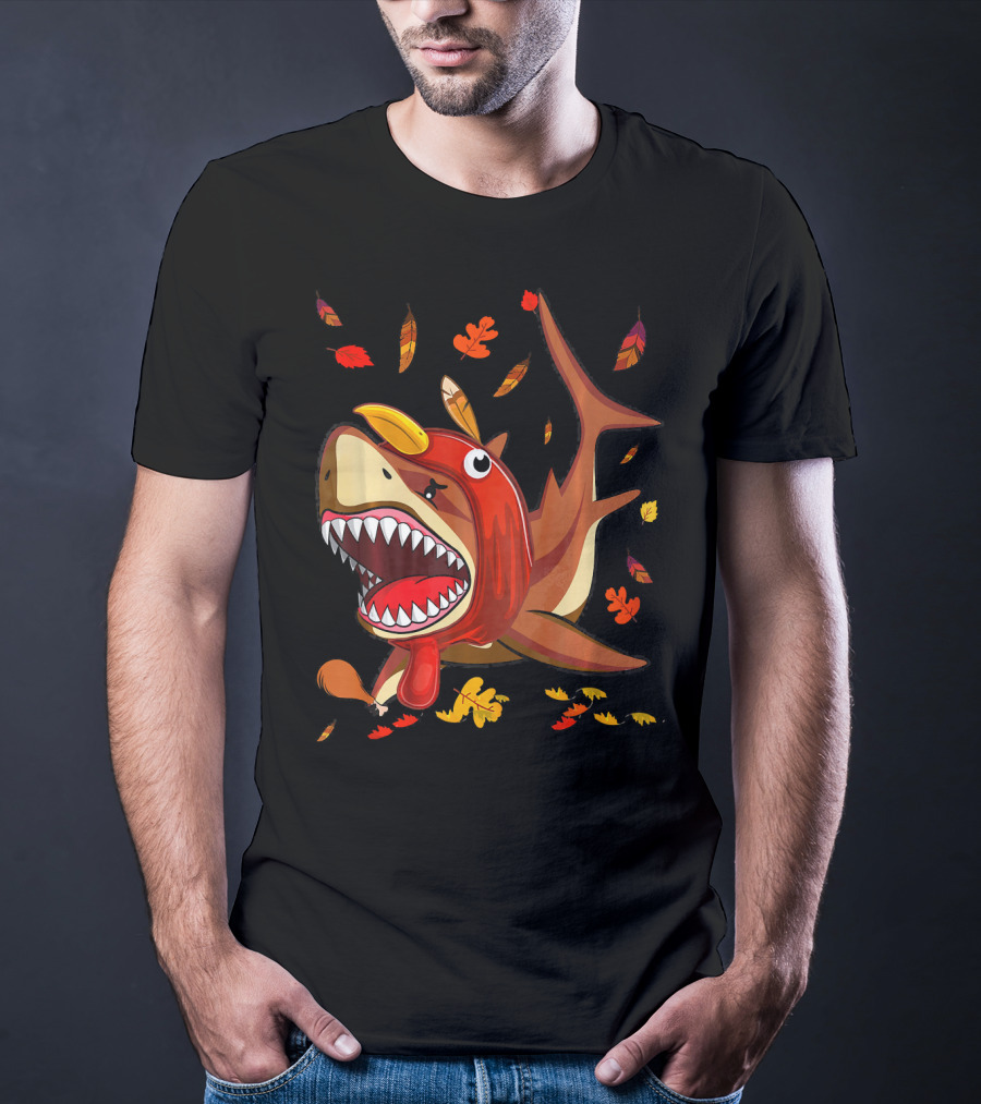 Thanksgiving Shark Doo Doo Doo Turkey Costume With Fall Leaves T-Shirt