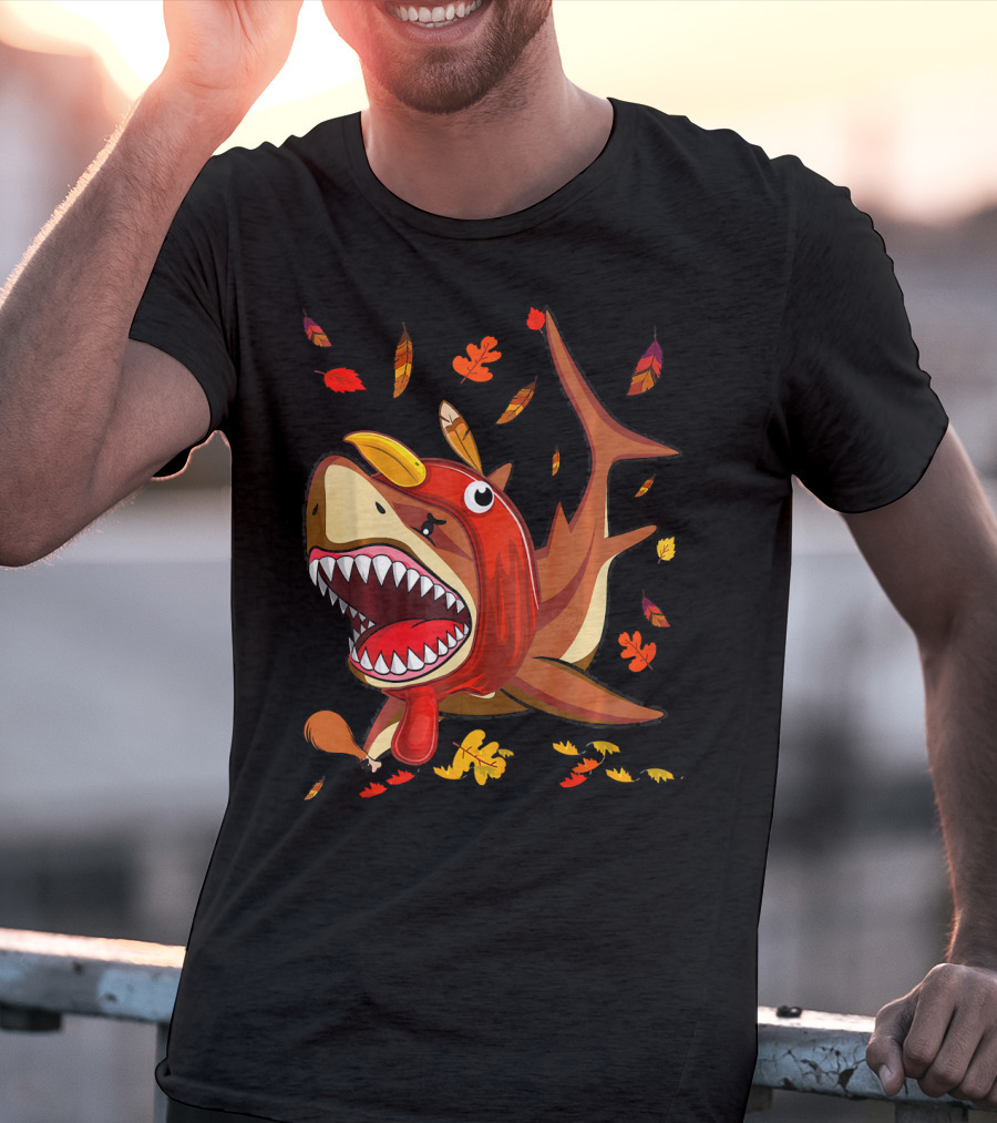 Thanksgiving Shark Doo Doo Doo Turkey Costume With Fall Leaves T-Shirt