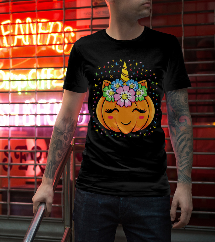 Unicorn Pumpkin Halloween Cute Floral Stars T-Shirt