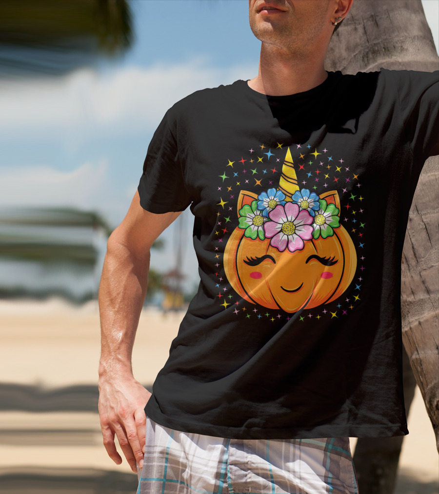 Unicorn Pumpkin Halloween Cute Floral Stars T-Shirt