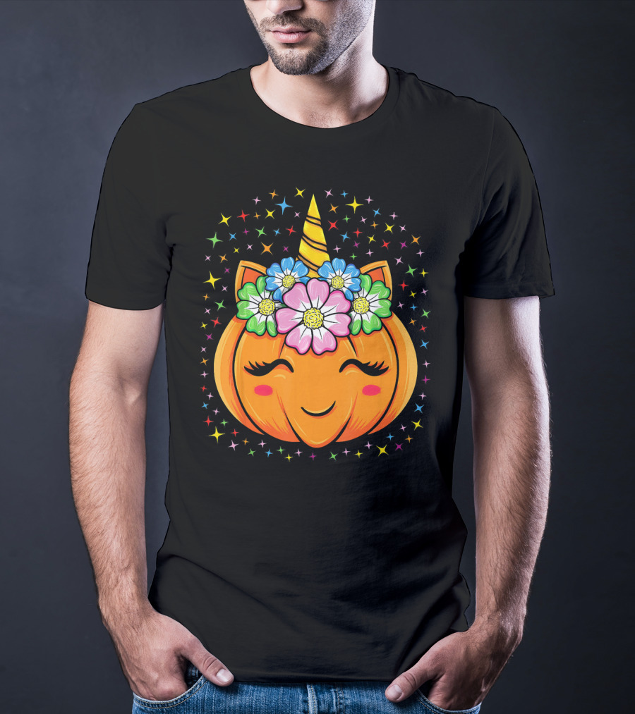 Unicorn Pumpkin Halloween Cute Floral Stars T-Shirt