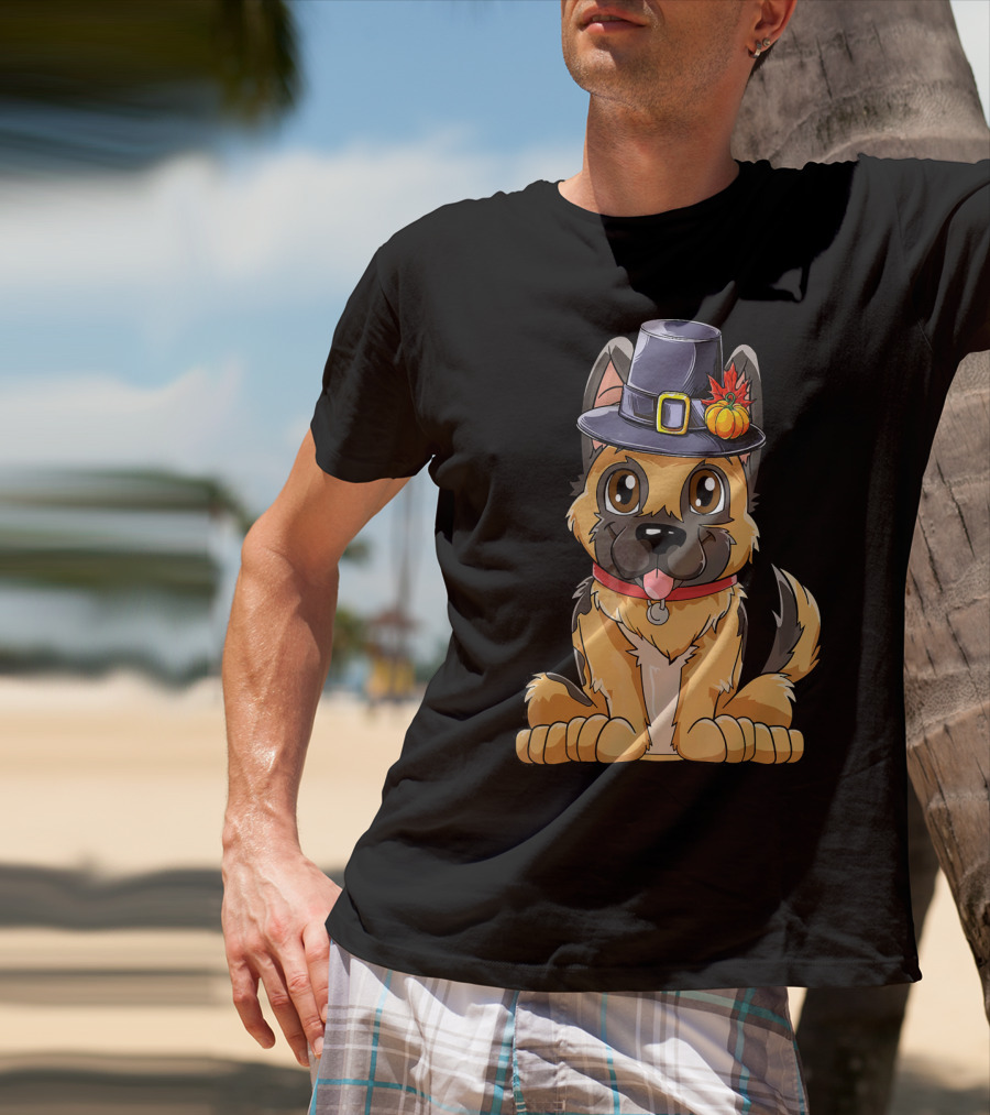 Thanksgiving Kids German Shepherd Cartoon Dog With Pilgrim Hat And Pumpkin T-Shirt