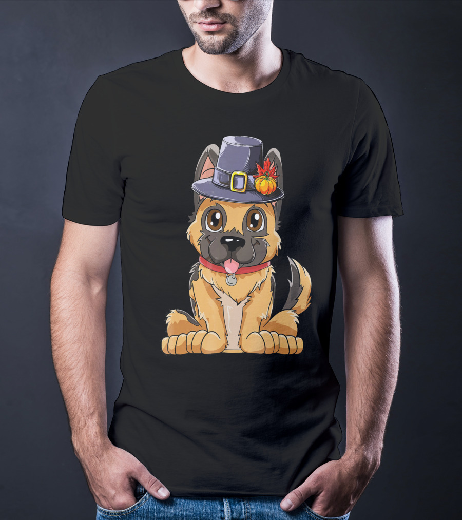 Thanksgiving Kids German Shepherd Cartoon Dog With Pilgrim Hat And Pumpkin T-Shirt