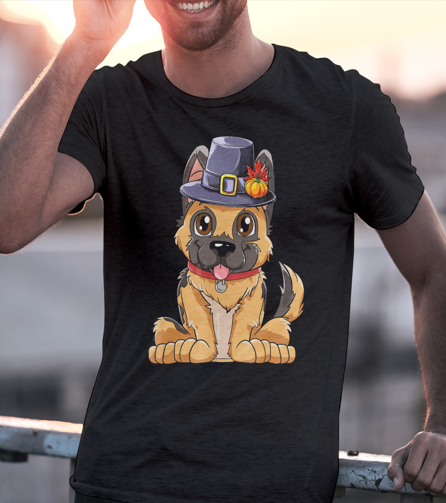 Thanksgiving Kids German Shepherd Cartoon Dog With Pilgrim Hat And Pumpkin T-Shirt