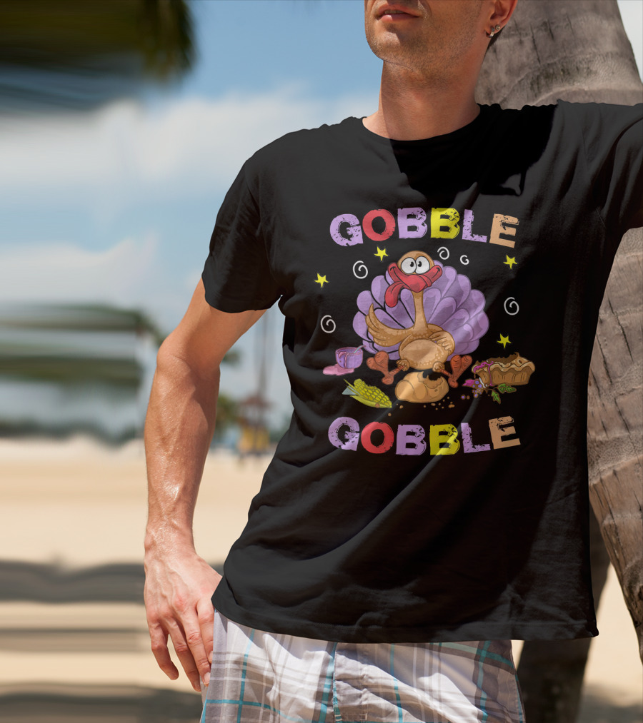 Gobble Gobble Funny Turkey Cartoon Corn Bread Pie Stars Thanksgiving T-Shirt