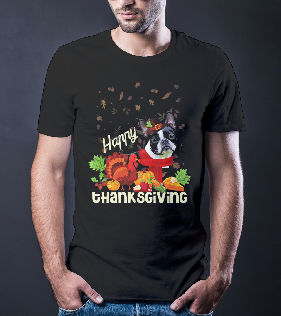 Happy Thanksgiving Boston Terrier Pilgrim With Turkey And Autumn Leaves T-Shirt