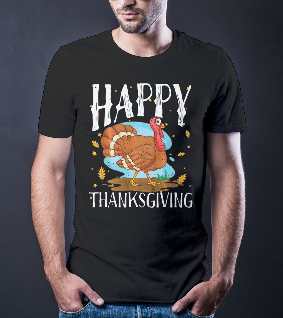 Happy Thanksgiving Funny Turkey Comic Style Leaves Stars T-Shirt