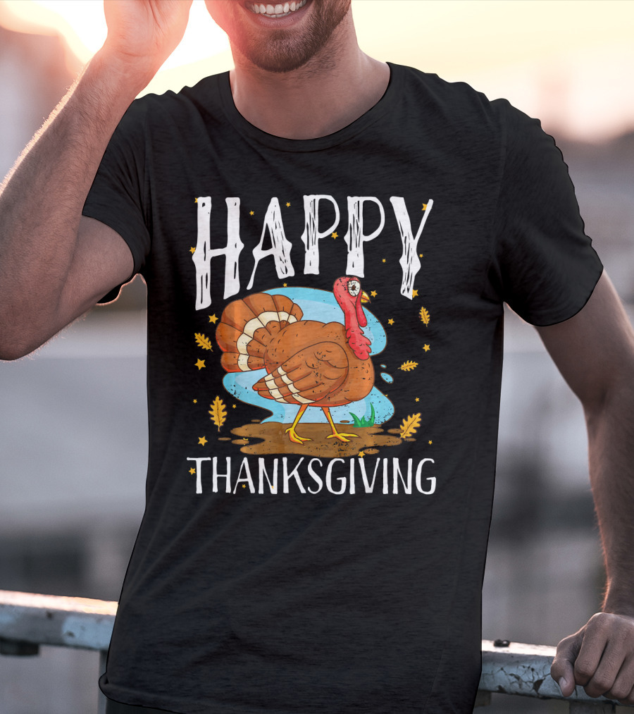 Happy Thanksgiving Funny Turkey Comic Style Leaves Stars T-Shirt