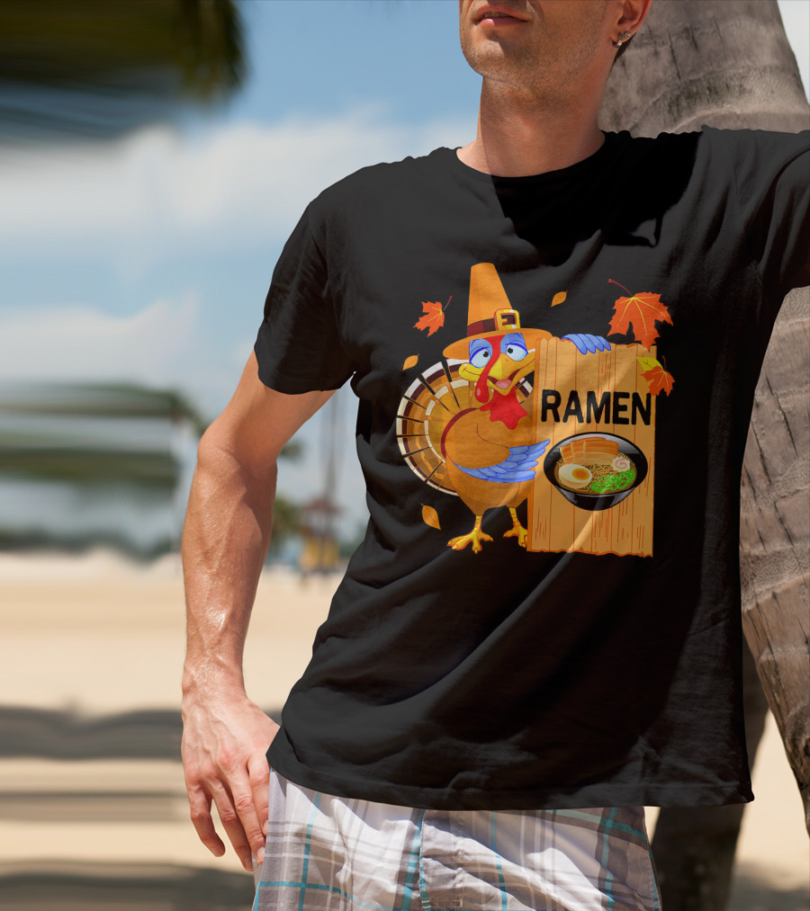 Thanksgiving Turkey With Ramen Bowl And Leaves T-Shirt
