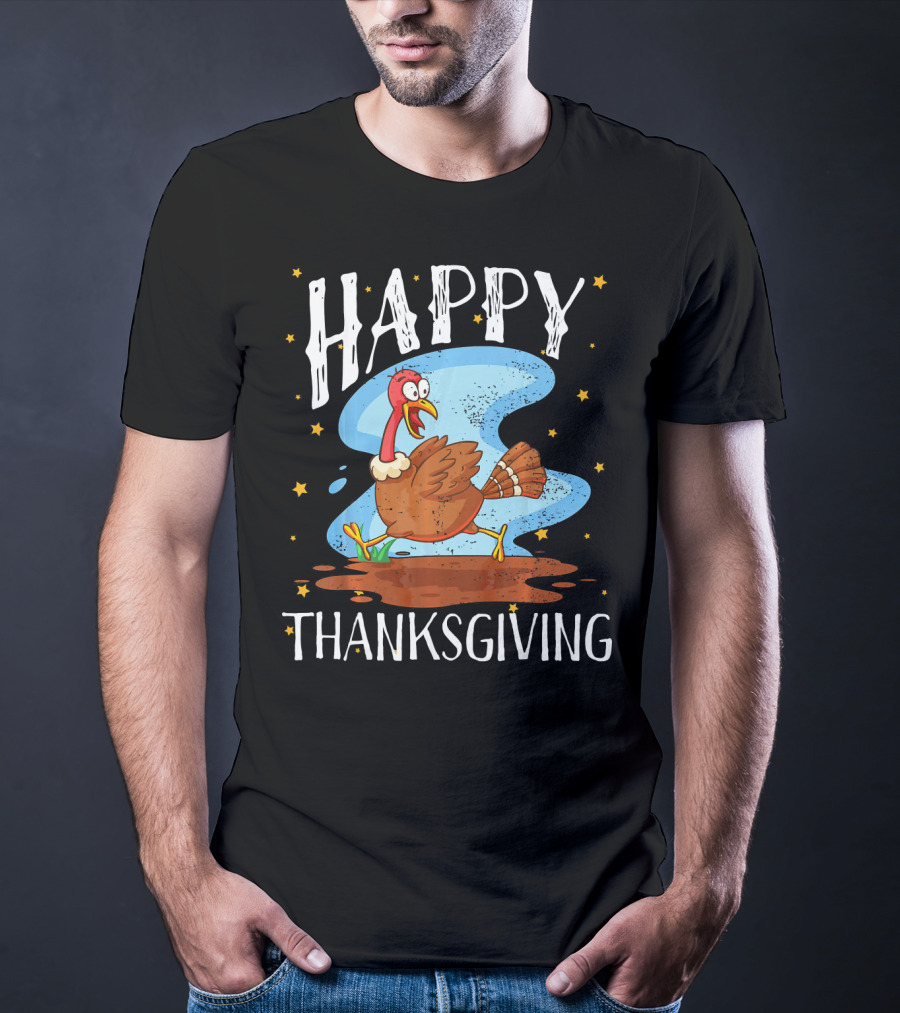 Happy Thanksgiving Running Turkey Cartoon T-Shirt