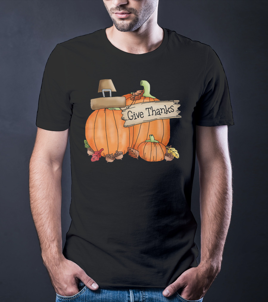 Give Thanks Pumpkin Pilgrim Hat Leaves Acorns T-Shirt