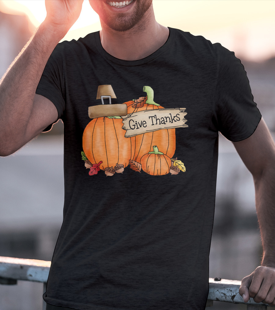 Give Thanks Pumpkin Pilgrim Hat Leaves Acorns T-Shirt