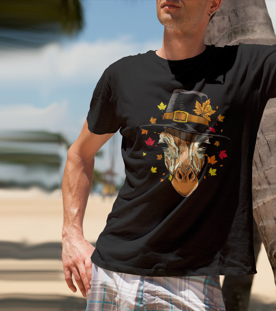 Thanksgiving Pilgrim Giraffe Autumn Leaves T-Shirt