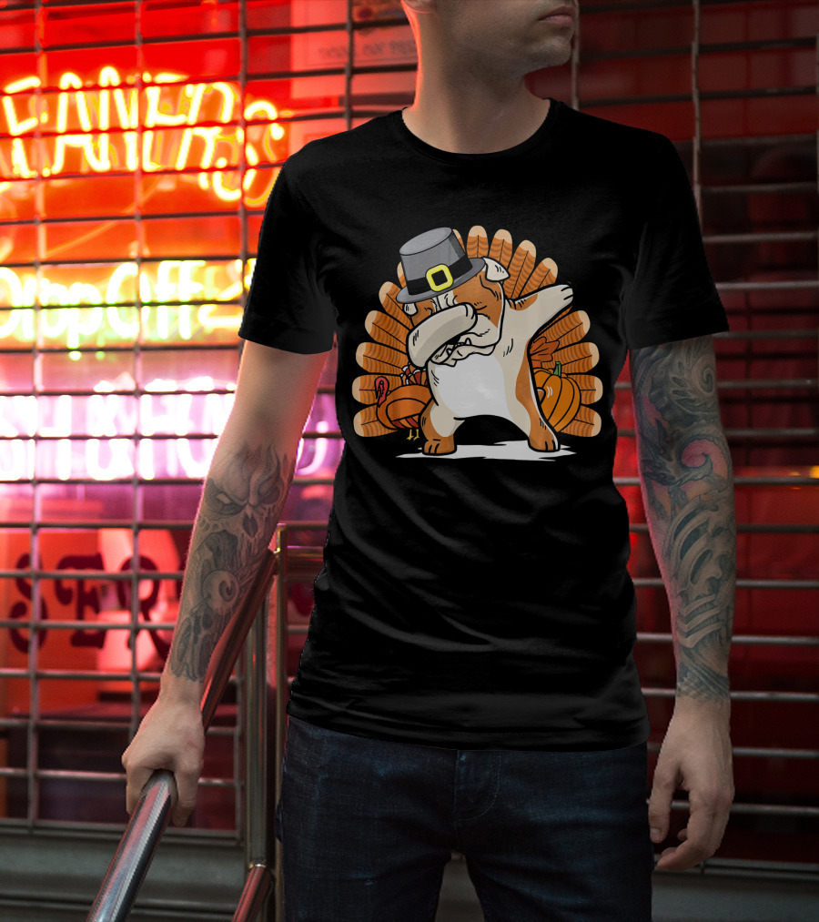 Funny Dabbing English Bulldog Thanksgiving Pilgrim Turkey Pumpkin T-Shirt