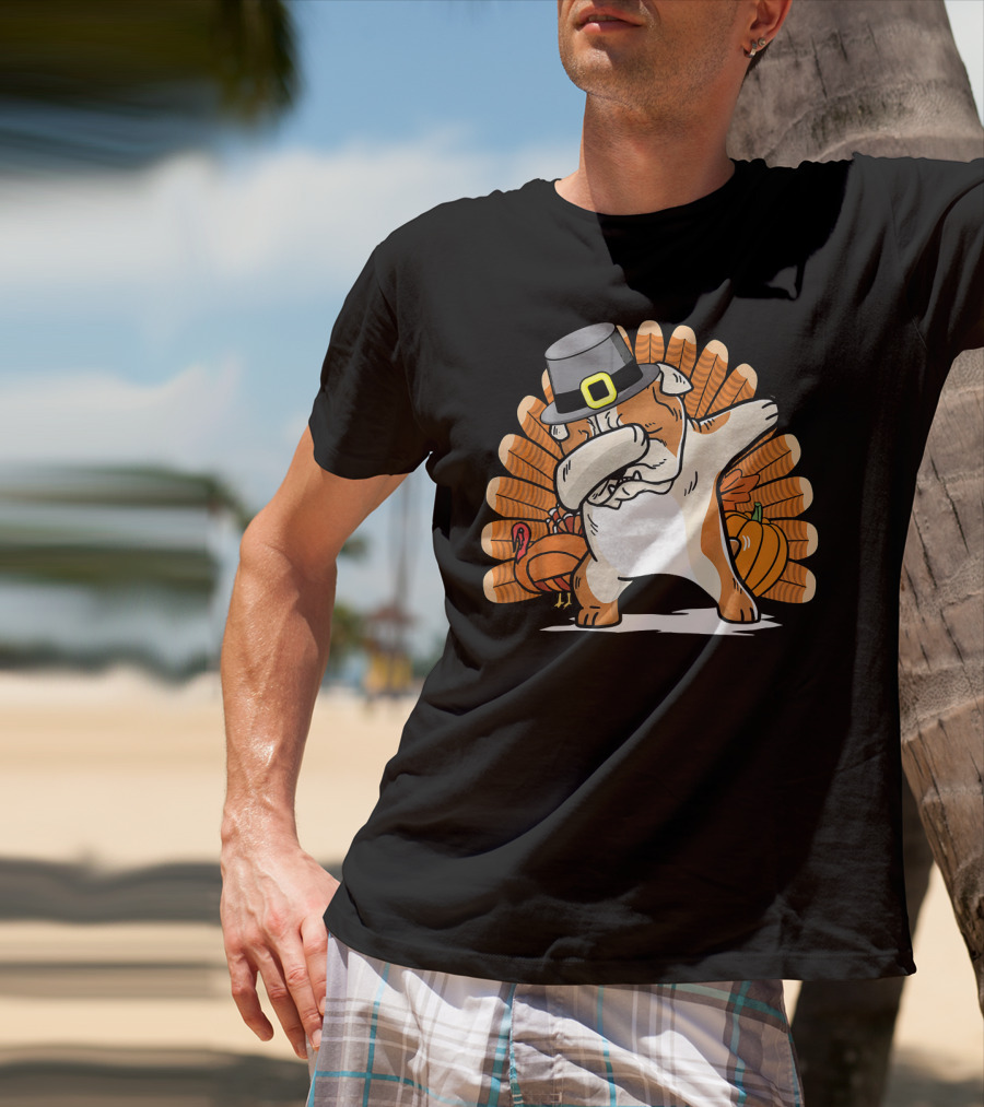 Funny Dabbing English Bulldog Thanksgiving Pilgrim Turkey Pumpkin T-Shirt