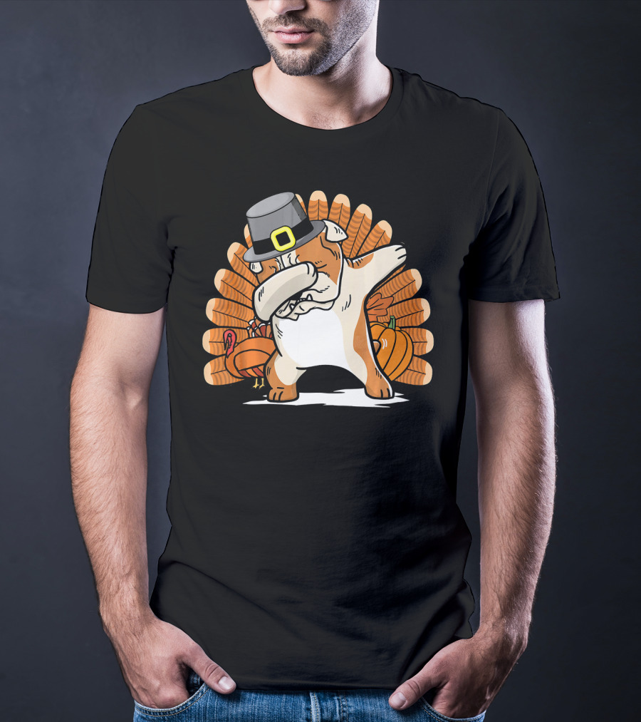 Funny Dabbing English Bulldog Thanksgiving Pilgrim Turkey Pumpkin T-Shirt