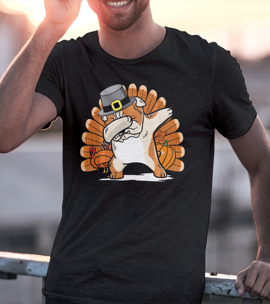 Funny Dabbing English Bulldog Thanksgiving Pilgrim Turkey Pumpkin T-Shirt