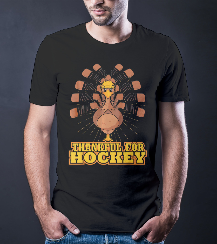 Thankful For Hockey Turkey Wearing Helmet With Hockey Sticks T-Shirt