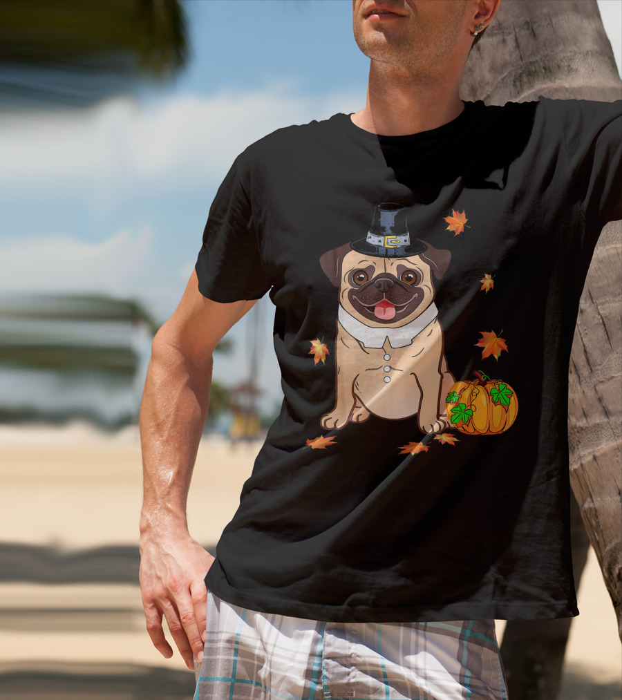 Thanksgiving Pug Pilgrim Hat Pumpkin Leaves T-Shirt