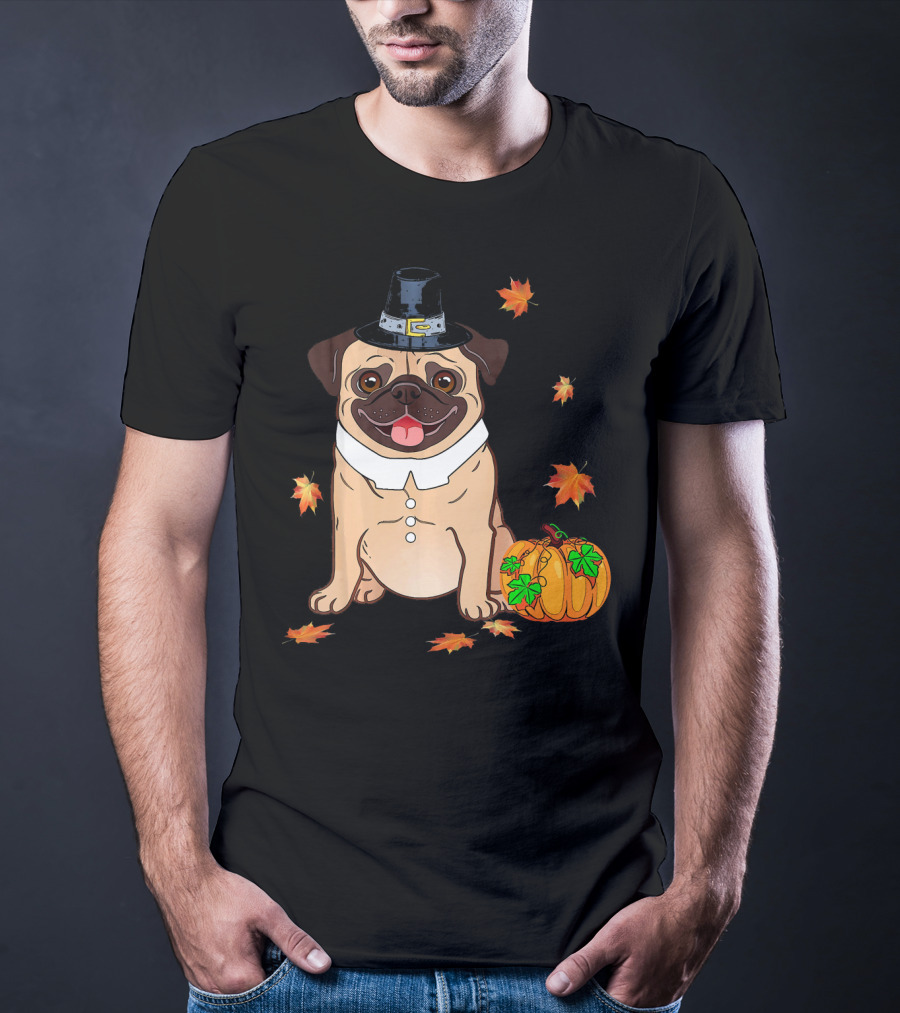 Thanksgiving Pug Pilgrim Hat Pumpkin Leaves T-Shirt