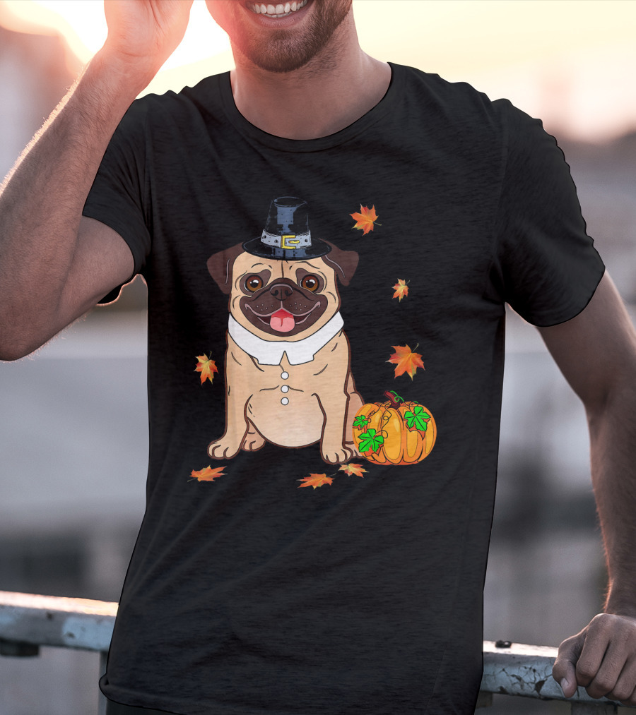 Thanksgiving Pug Pilgrim Hat Pumpkin Leaves T-Shirt