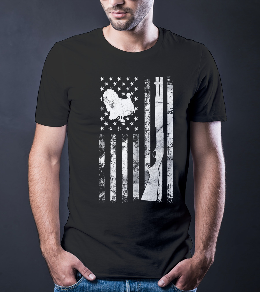 Turkey Hunting American Flag With Rifle And Stars T-Shirt