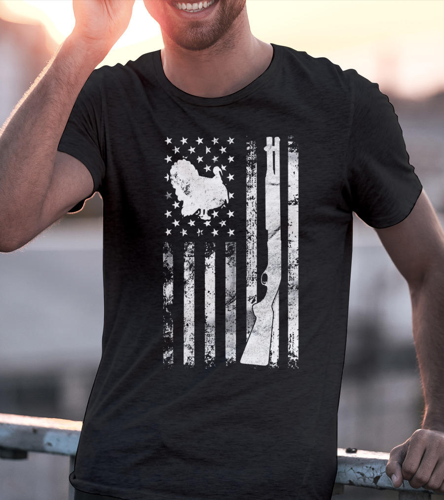 Turkey Hunting American Flag With Rifle And Stars T-Shirt