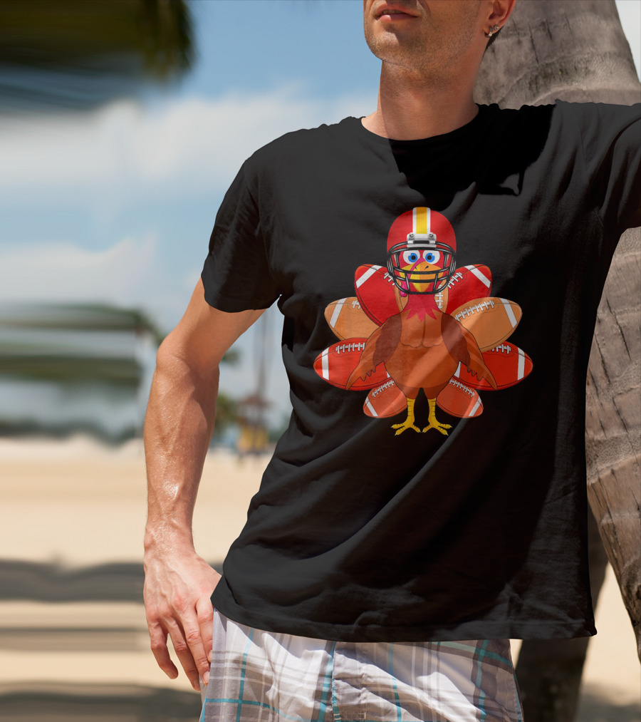 Turkey With Football Helmet Thankful Thanksgiving Football T-Shirt