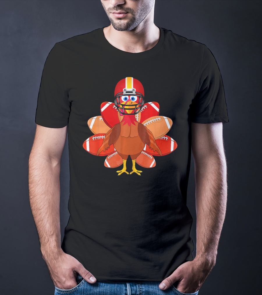 Turkey With Football Helmet Thankful Thanksgiving Football T-Shirt