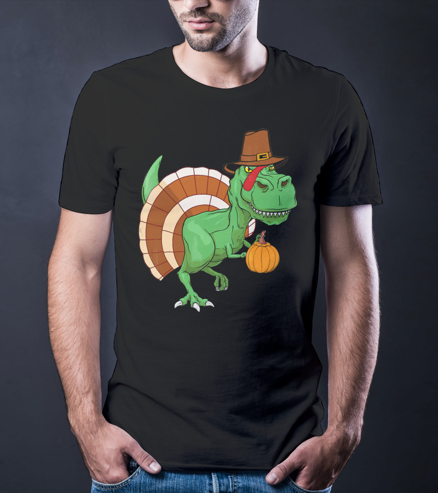 Thanksgiving T-Rex Turkey With Pilgrim Hat And Pumpkin T-Shirt