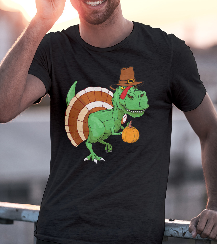 Thanksgiving T-Rex Turkey With Pilgrim Hat And Pumpkin T-Shirt