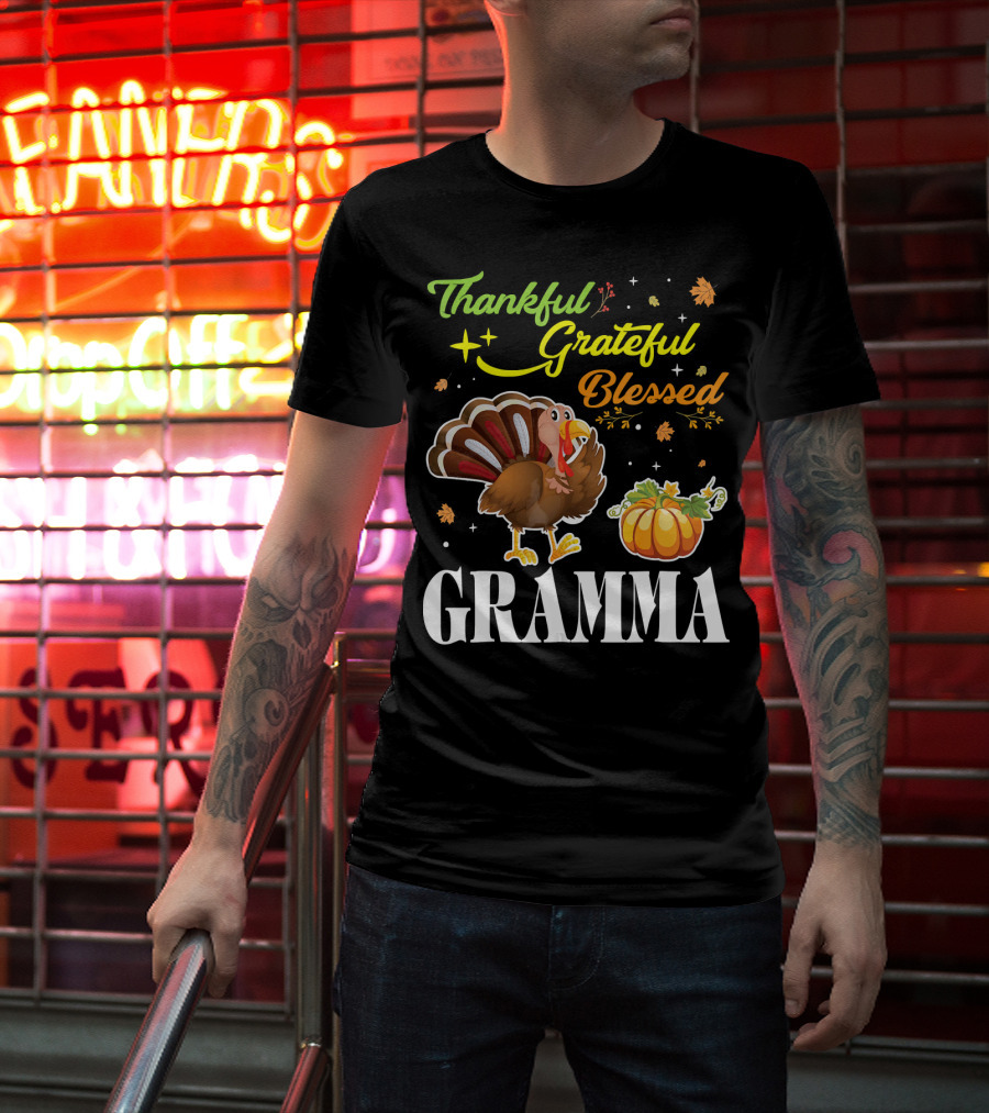 Thankful Grateful Blessed Gramma Turkey Pumpkin Thanksgiving Fall Leaves T-Shirt