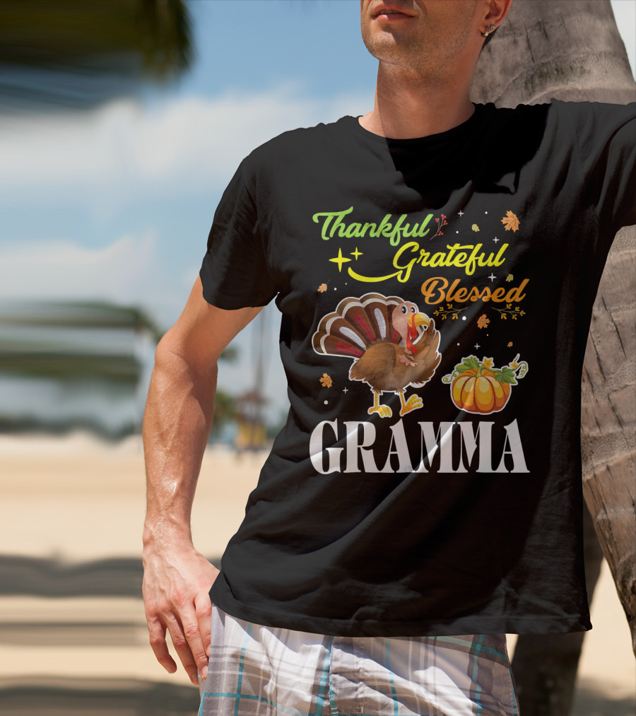 Thankful Grateful Blessed Gramma Turkey Pumpkin Thanksgiving Fall Leaves T-Shirt