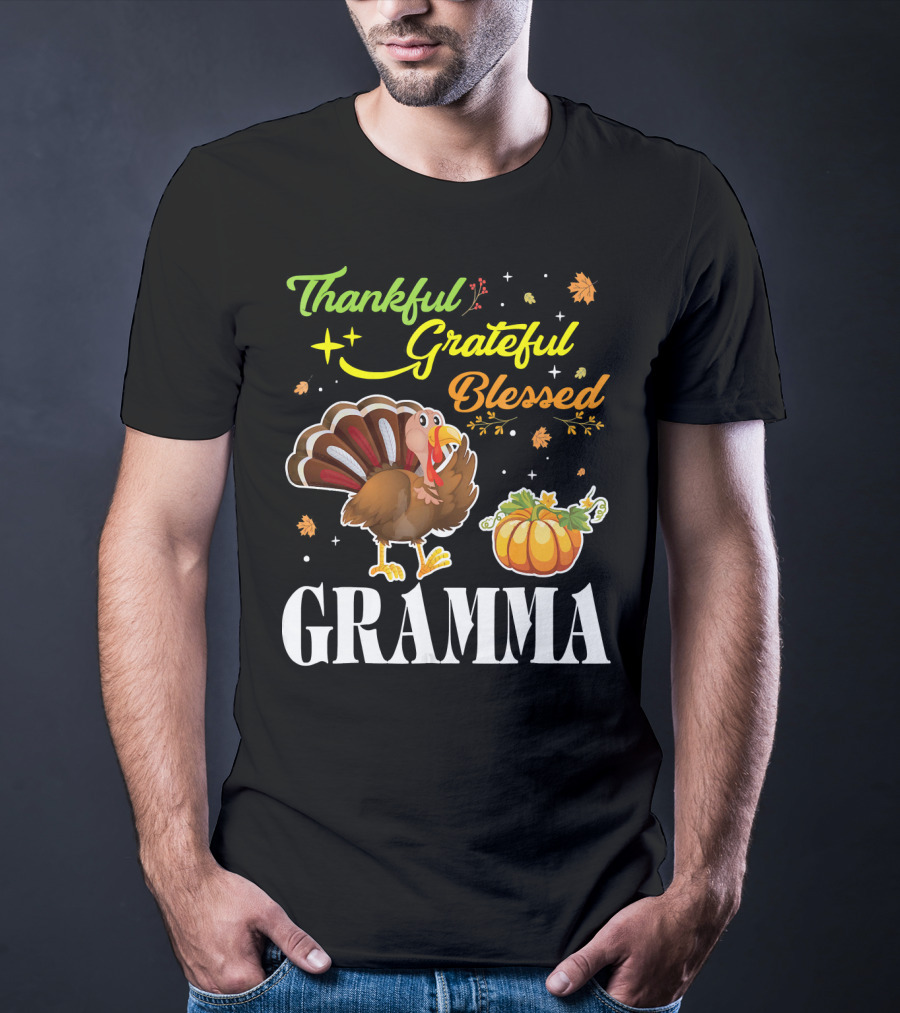 Thankful Grateful Blessed Gramma Turkey Pumpkin Thanksgiving Fall Leaves T-Shirt